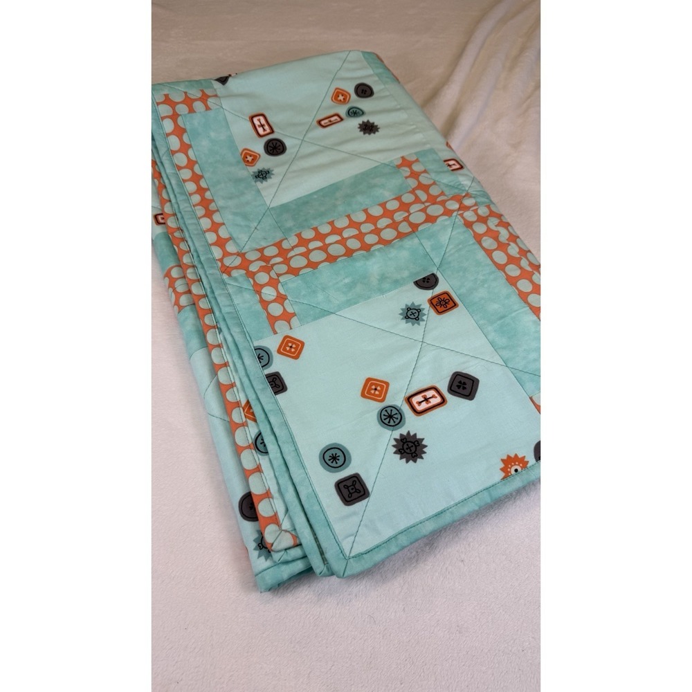Handmade Baby Quilt Blanket Aqua Orange Geometric Patchwork 45x56 Cotton - Picture 5 of 5